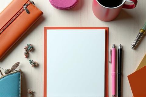 Stylish notebook open next to a collection of colorful pens and a pencil case