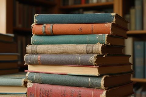 Stack of various genres of used books, worn covers showing their history